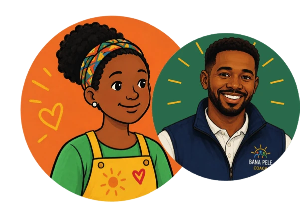 Illustration of Naledi, a practitioner in an apron, and Thabo, the person who supports her.
